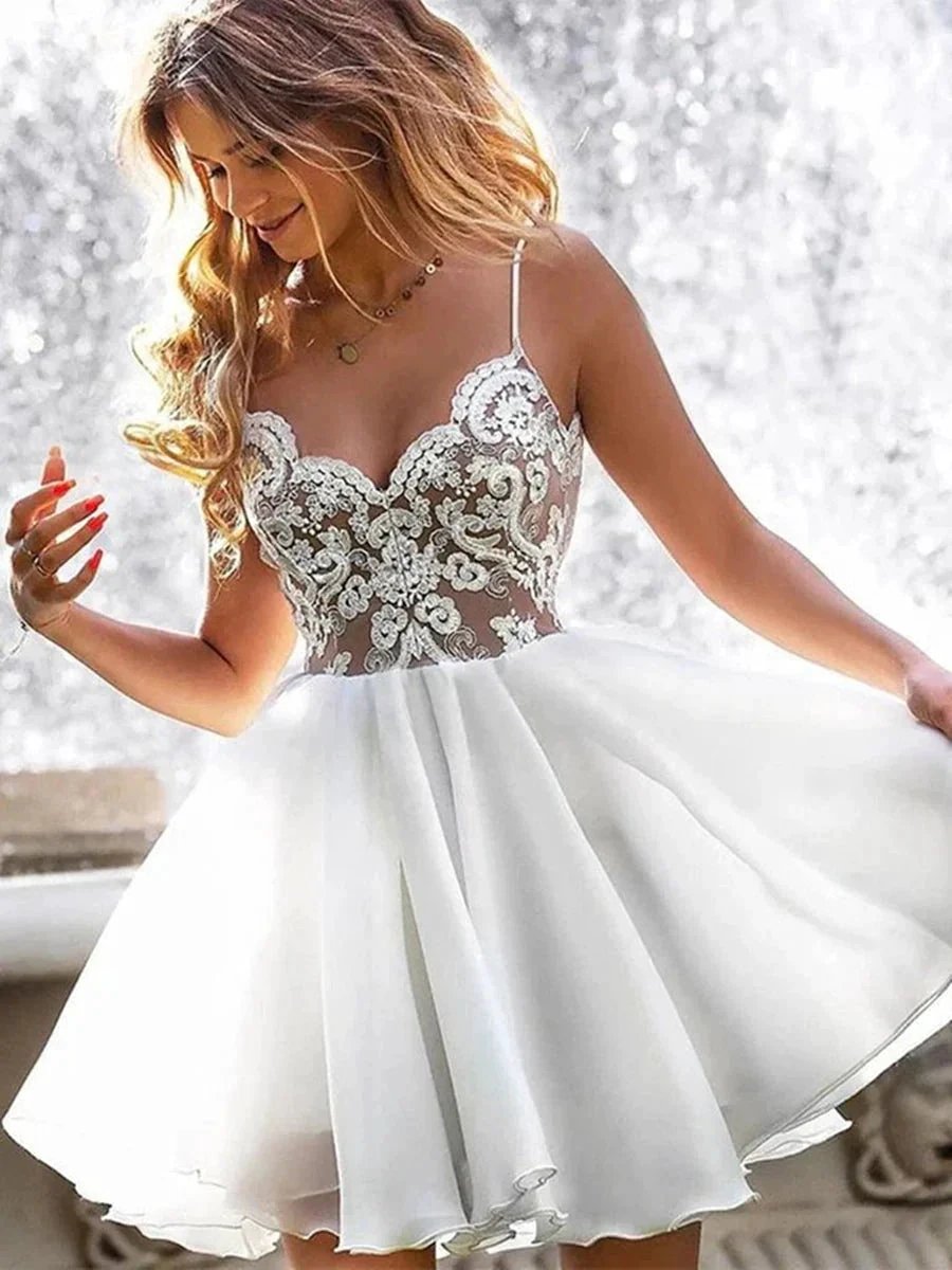 A-line V Neck Short White Lace Prom Dresses Chiffon Formal Graduation Homecoming Gowns by BIZTUNNEL