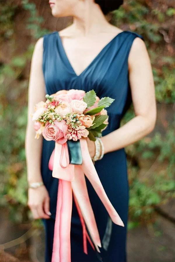 A-Line V-Neck Sweep Train Backless Navy Blue Bridesmaid Dress BD081 by pgmdress