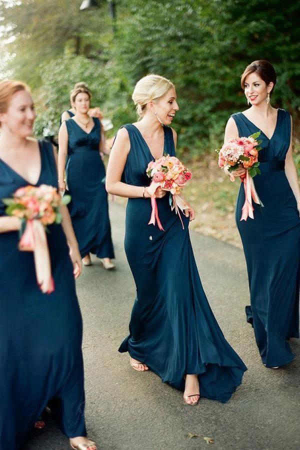 A-Line V-Neck Sweep Train Backless Navy Blue Bridesmaid Dress BD081 by pgmdress