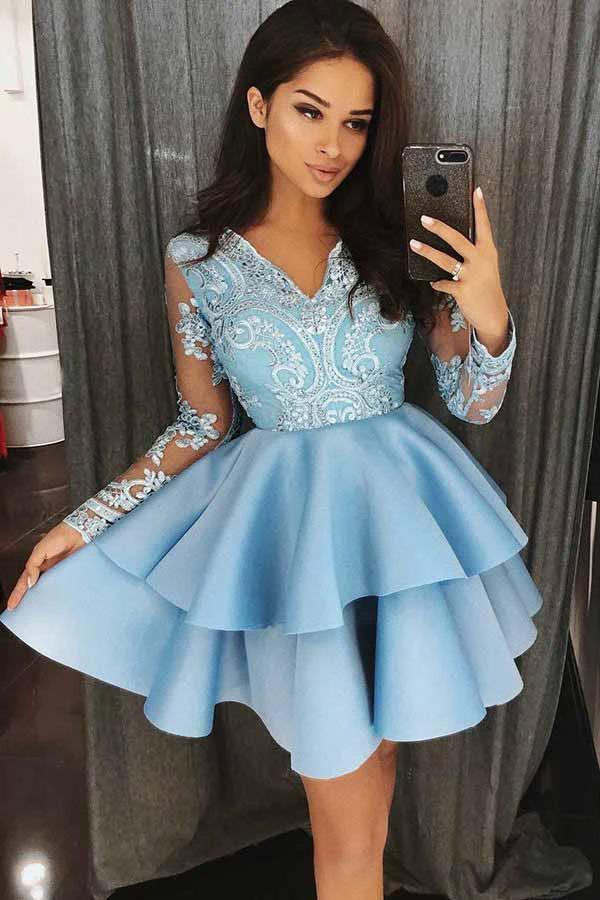 A-Line V-Neck Tiered Blue Satin Homecoming Dress with Appliques PD023 by pgmdress