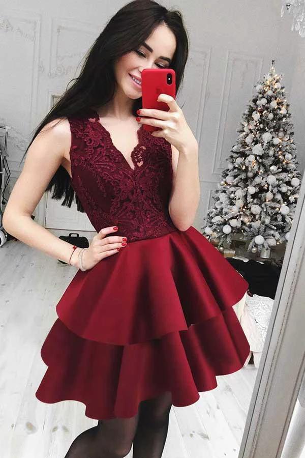 A-Line V-Neck Tiered Dark Burgundy Homecoming/Party Dress with Lace PD032 by pgmdress