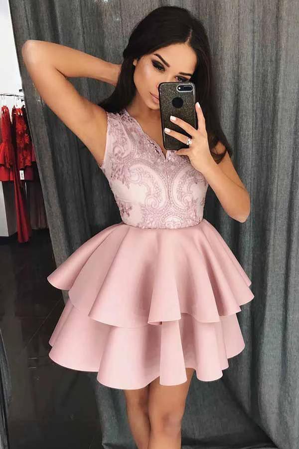 A-Line V-Neck Tiered Satin Homecoming Prom Dress with Appliques PD077 by pgmdress