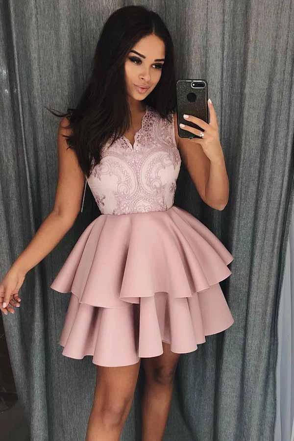 A-Line V-Neck Tiered Satin Homecoming Prom Dress with Appliques PD077 by pgmdress