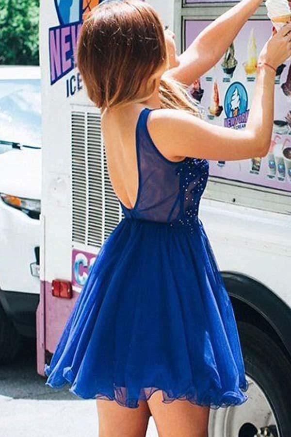 A Line V Neck Tulle Beaded Royal Blue Homecoming Dresses with Appliques PD261 by pgmdress