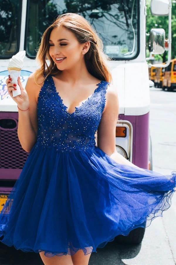 A Line V Neck Tulle Beaded Royal Blue Homecoming Dresses with Appliques PD261 by pgmdress