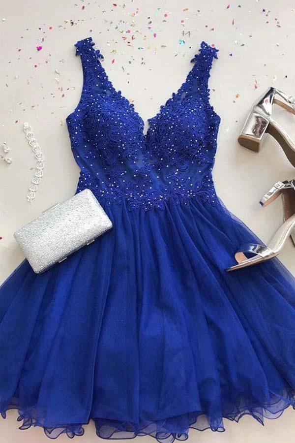 A Line V Neck Tulle Beaded Royal Blue Homecoming Dresses with Appliques PD261 by pgmdress