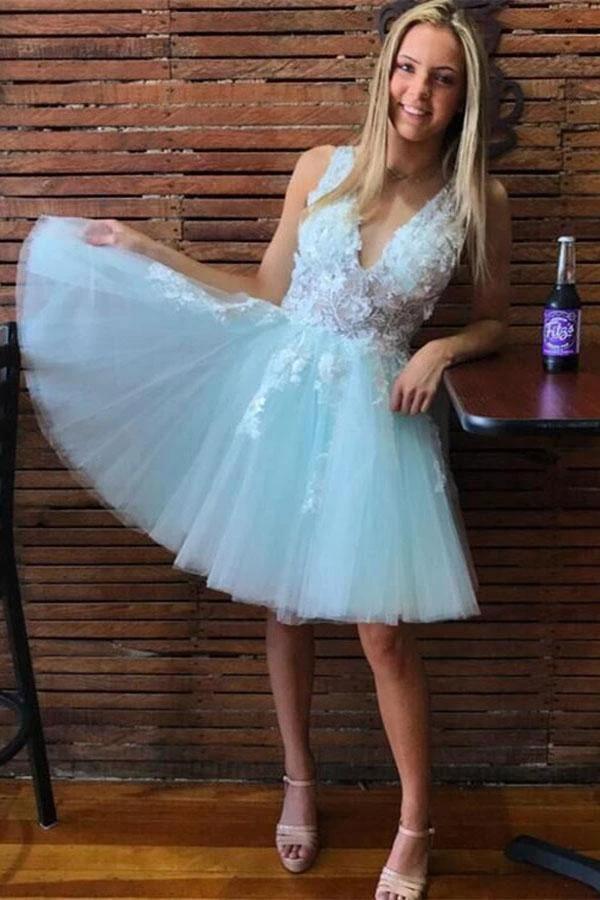 A-line V Neck Tulle Short Pink and White Homecoming Dress Short Prom Dress PD350 by pgmdress