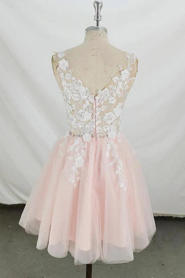 A-line V Neck Tulle Short Pink and White Homecoming Dress Short Prom Dress PD350 by pgmdress