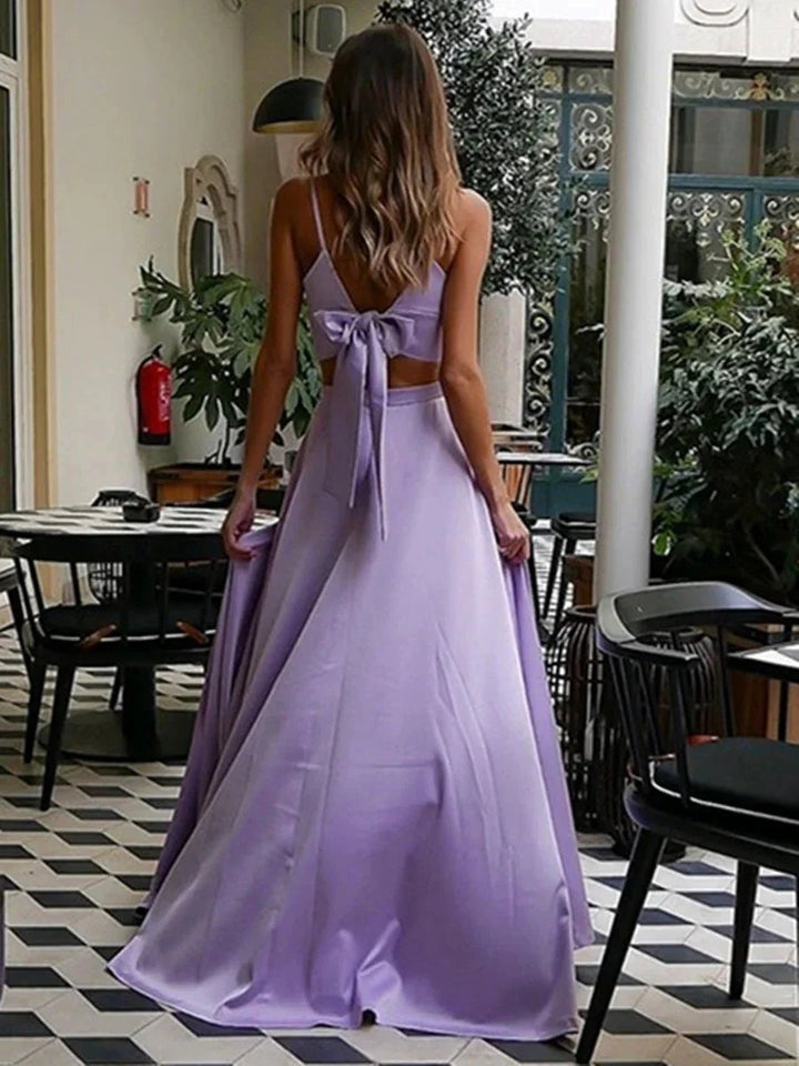 A Line V Neck Two Pieces Long Formal Evening Prom Dresses with High Slit by BIZTUNNEL