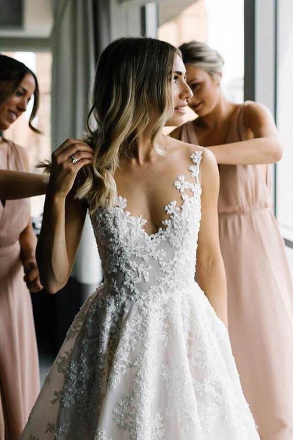 A-line Vintage Lace Wedding Gowns Illusion Neck Wedding Dresses WD318 by pgmdress