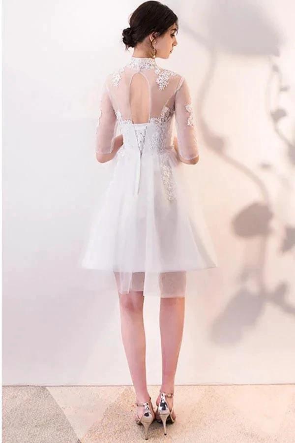 A-line White Lace and Tulle Homecoming Dresses Party Dress with Sleeves PD062 by pgmdress