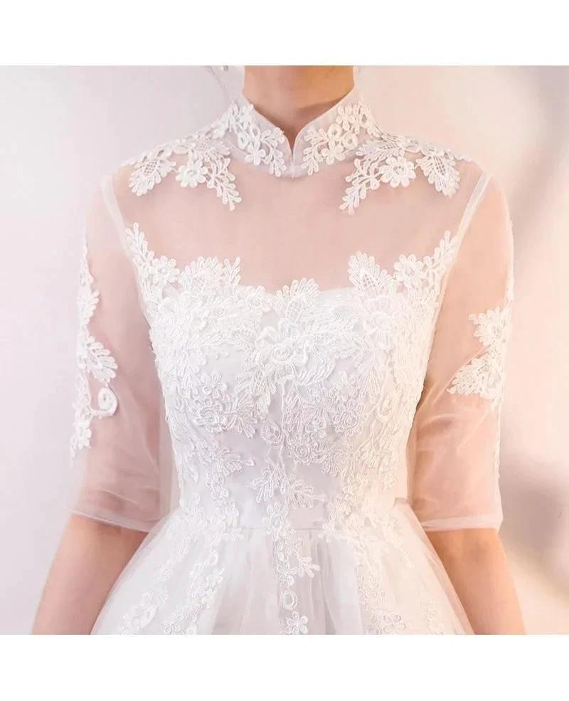 A-line White Lace and Tulle Homecoming Dresses Party Dress with Sleeves PD062 by pgmdress