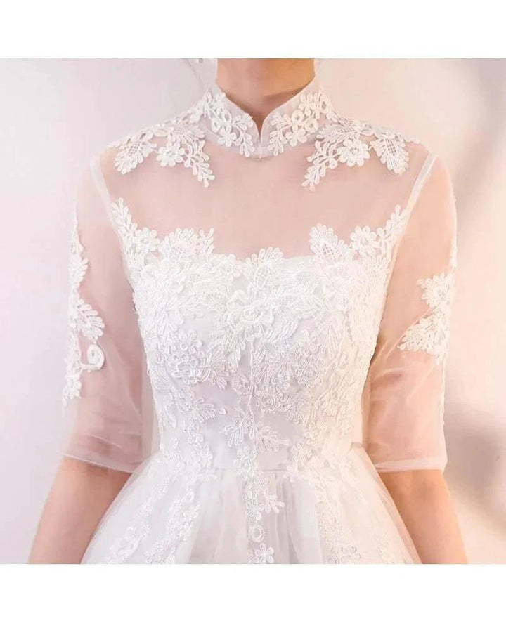 A-line White Lace and Tulle Homecoming Dresses Party Dress with Sleeves PD062 by pgmdress