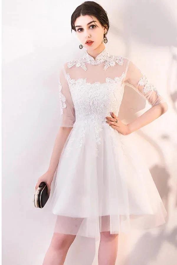 A-line White Lace and Tulle Homecoming Dresses Party Dress with Sleeves PD062 by pgmdress