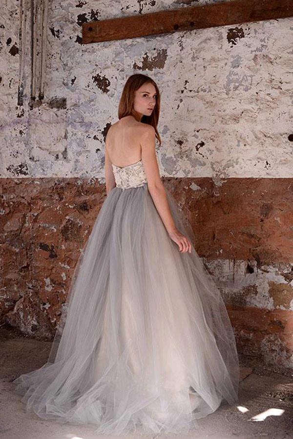 A-line White Lace Grey Tulle Strapless Sweetheart Neck Wedding Dress WD071 by pgmdress