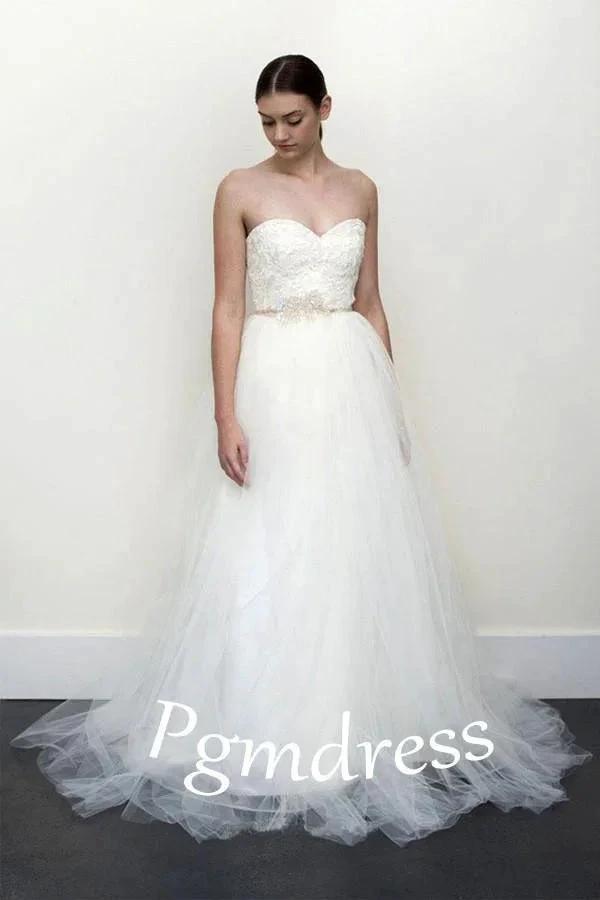 A-line White Lace Grey Tulle Strapless Sweetheart Neck Wedding Dress WD071 by pgmdress