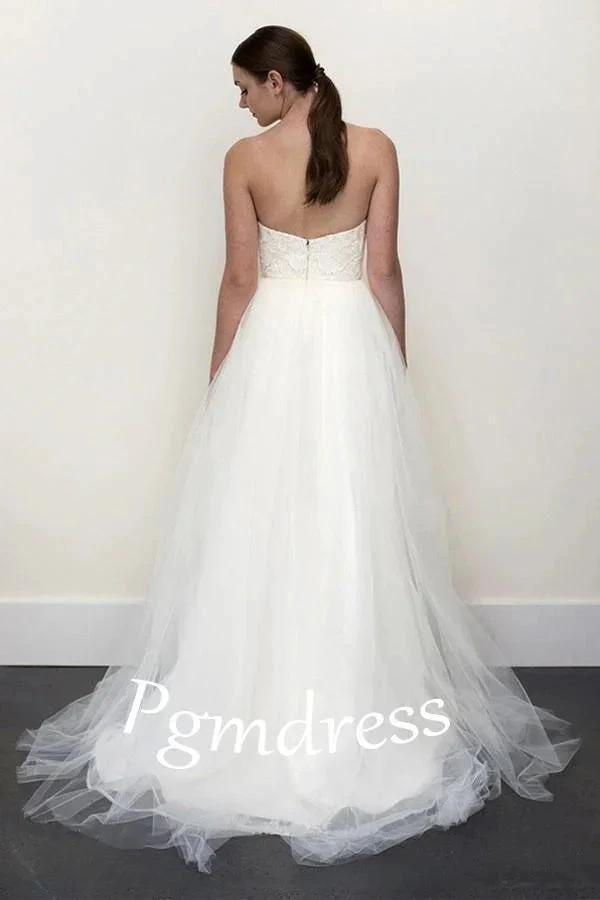 A-line White Lace Grey Tulle Strapless Sweetheart Neck Wedding Dress WD071 by pgmdress