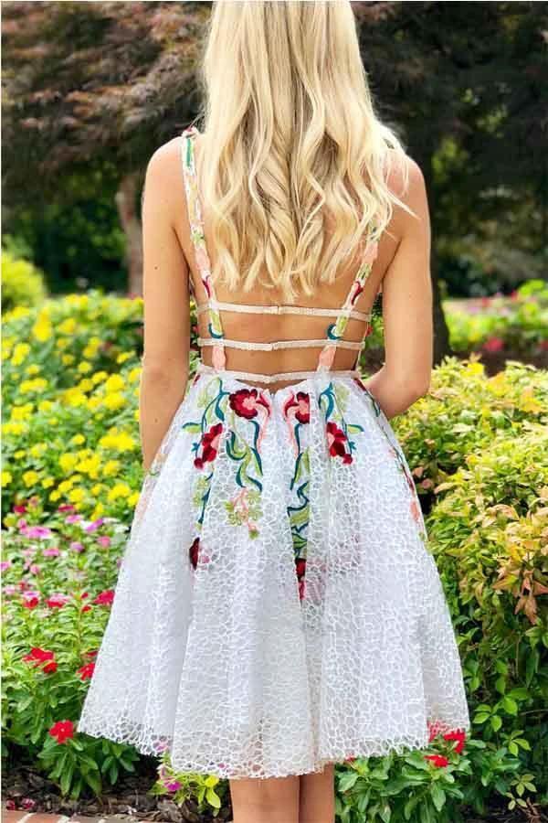 A-line White Short Prom Dress Homecoming Dress with Floral PD248 by pgmdress