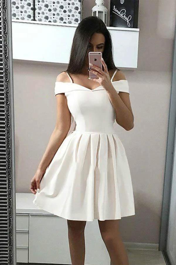 A-Line White Spaghetti Straps Satin Homecoming Dress Short Prom Dress PD249 by pgmdress