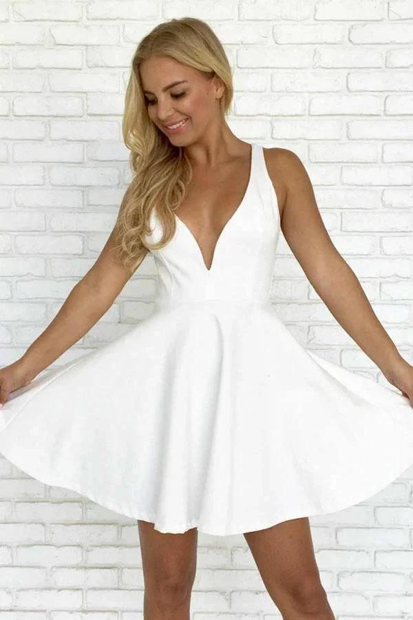 A-line White Straps Satin Backless Short Prom Dress Homecoming Dress PD286 by pgmdress