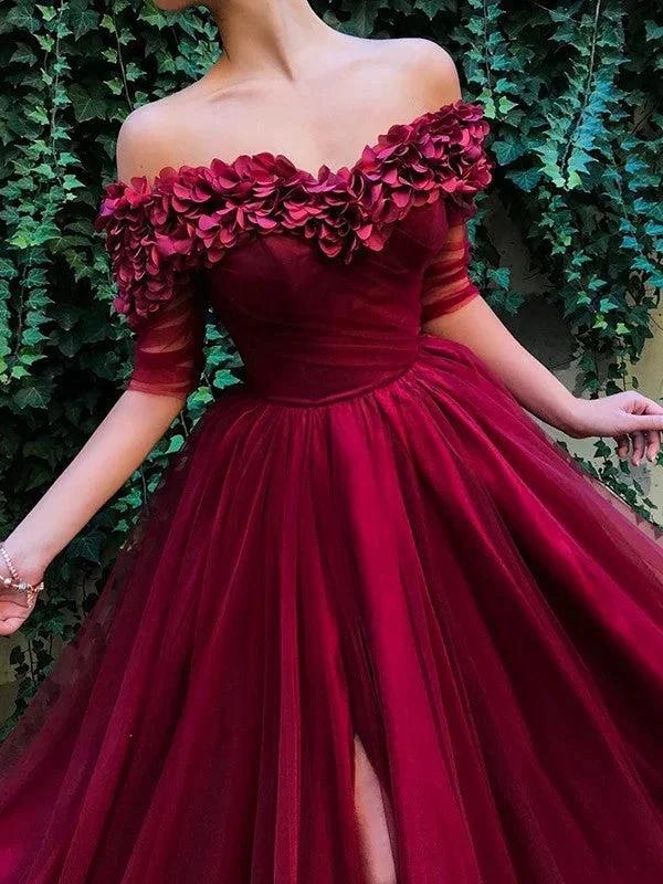 A-Line/Elegant 1/2 Sleeves Off-the-Shoulder Ruffles Tulle Prom Dresses by misshow.com