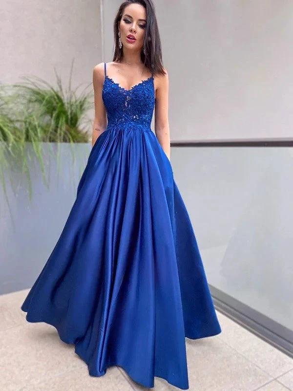 A-Line/Elegant Applique Spaghetti Straps Satin Sleeveless Floor-Length Prom Dresses by misshow.com