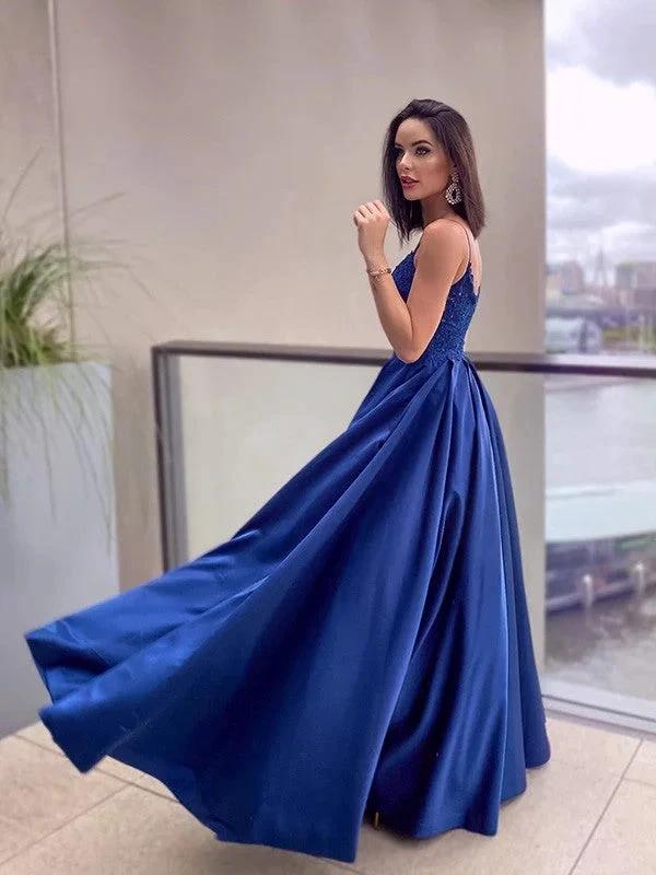 A-Line/Elegant Applique Spaghetti Straps Satin Sleeveless Floor-Length Prom Dresses by misshow.com