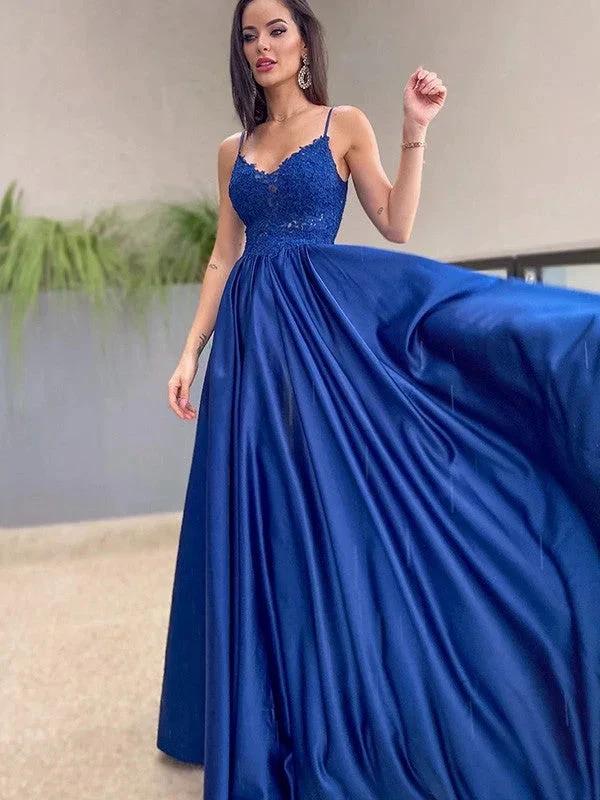 A-Line/Elegant Applique Spaghetti Straps Satin Sleeveless Floor-Length Prom Dresses by misshow.com