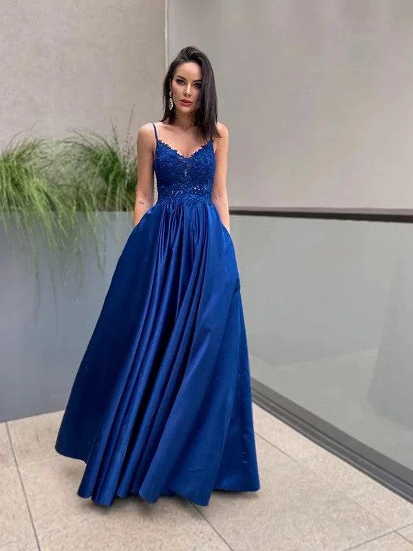 A-Line/Elegant Applique Spaghetti Straps Satin Sleeveless Floor-Length Prom Dresses by misshow.com