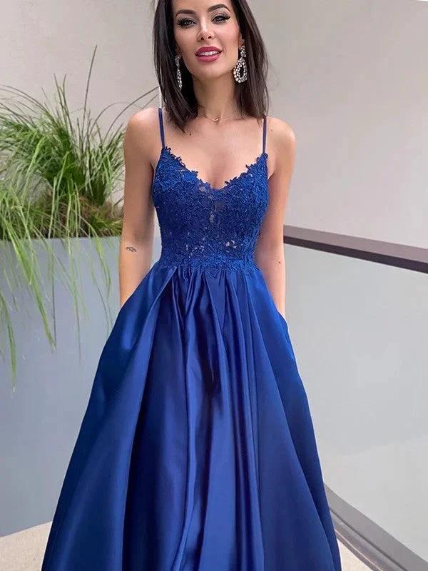 A-Line/Elegant Applique Spaghetti Straps Satin Sleeveless Floor-Length Prom Dresses by misshow.com