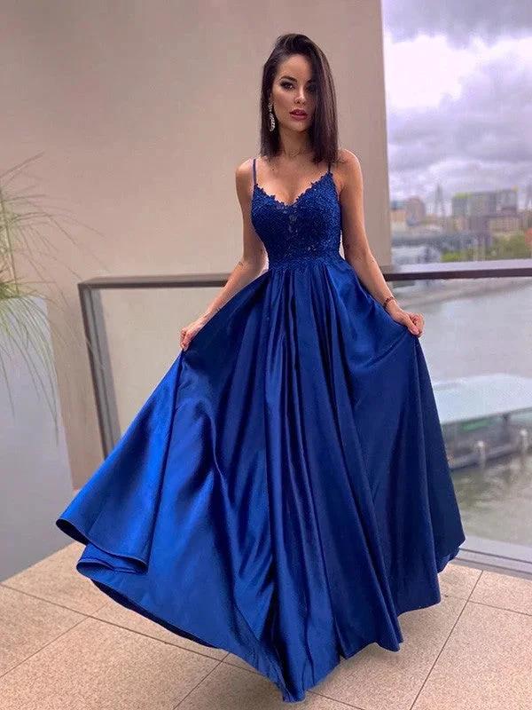 A-Line/Elegant Applique Spaghetti Straps Satin Sleeveless Floor-Length Prom Dresses by misshow.com