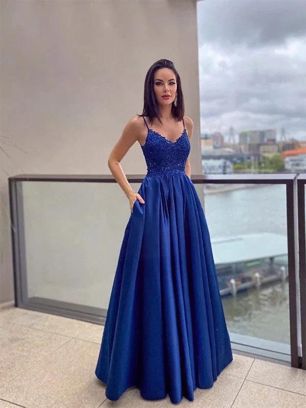 A-Line/Elegant Applique Spaghetti Straps Satin Sleeveless Floor-Length Prom Dresses by misshow.com