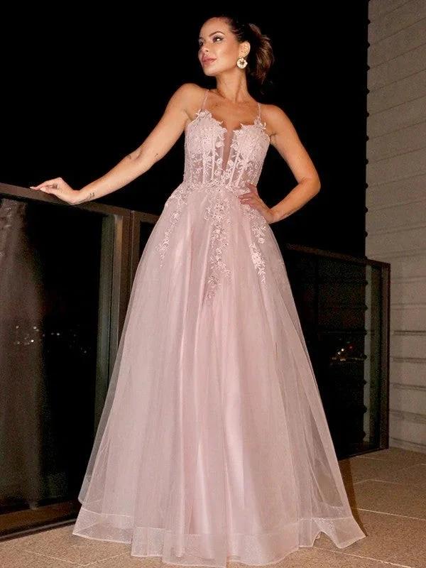 A-Line/Elegant Applique Spaghetti Straps Sleeveless Tulle Floor-Length Prom Dresses by misshow.com