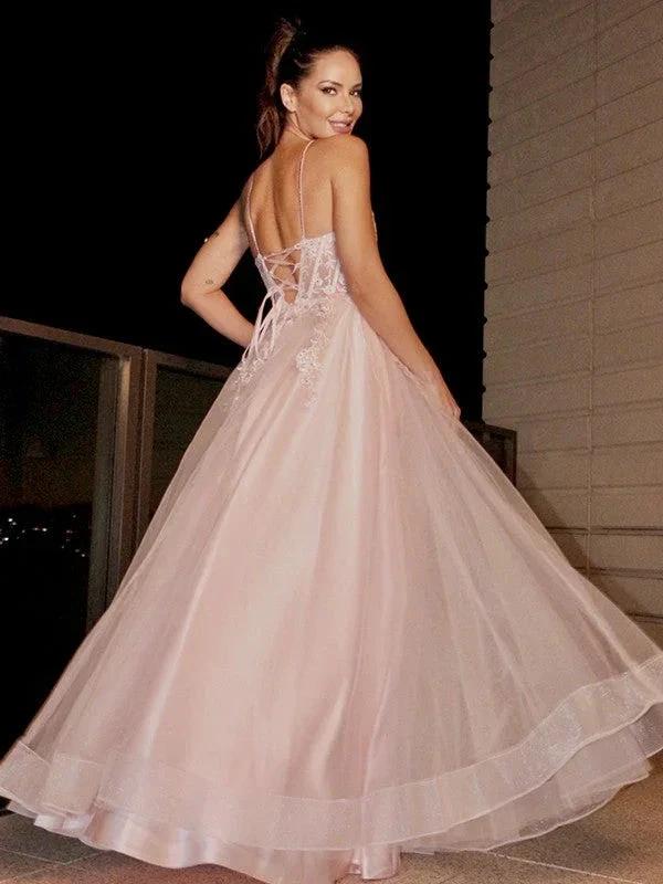 A-Line/Elegant Applique Spaghetti Straps Sleeveless Tulle Floor-Length Prom Dresses by misshow.com