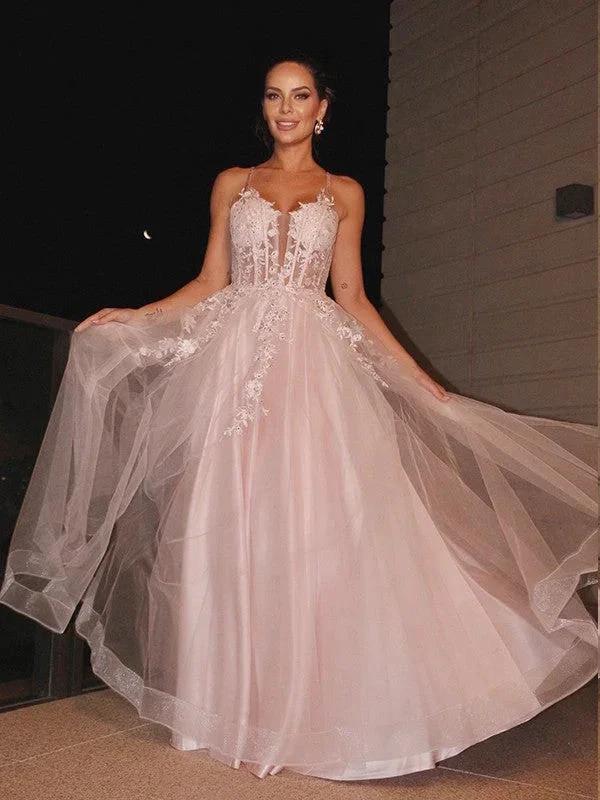 A-Line/Elegant Applique Spaghetti Straps Sleeveless Tulle Floor-Length Prom Dresses by misshow.com