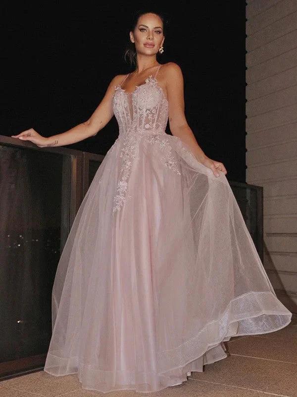 A-Line/Elegant Applique Spaghetti Straps Sleeveless Tulle Floor-Length Prom Dresses by misshow.com