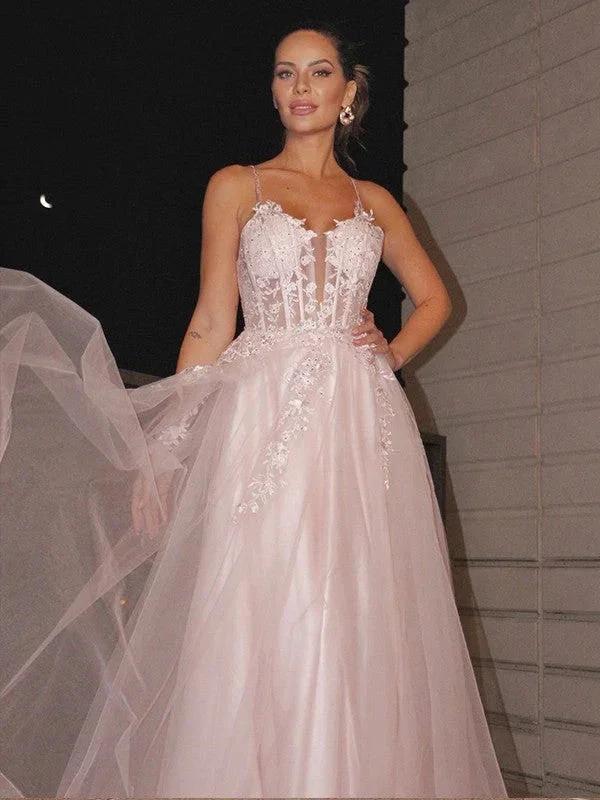 A-Line/Elegant Applique Spaghetti Straps Sleeveless Tulle Floor-Length Prom Dresses by misshow.com