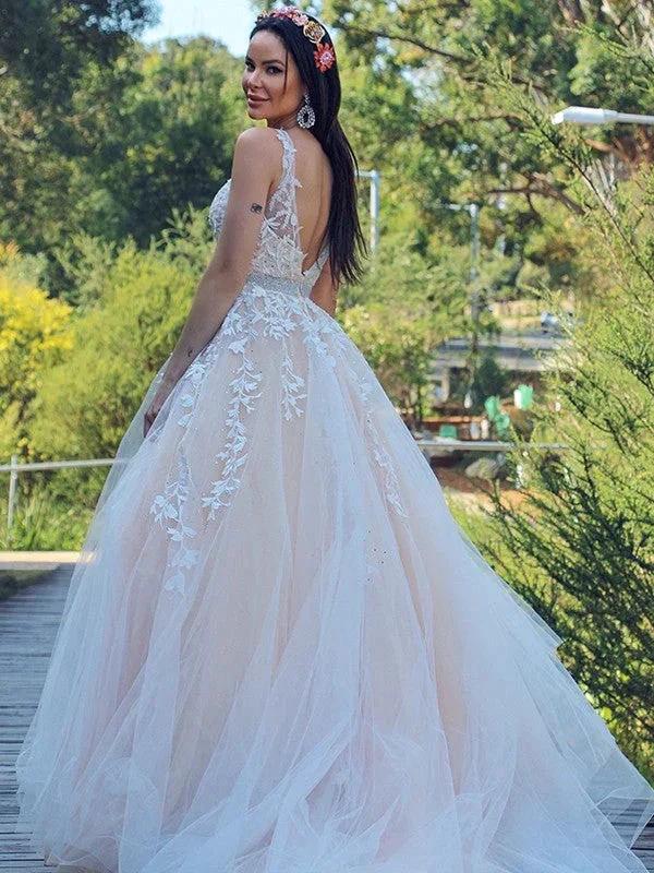 A-Line/Elegant Applique Tulle Sleeveless V-neck Prom Dresses by misshow.com