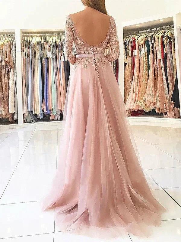 A-Line/Elegant Bateau 3/4 Sleeves Applique Tulle Prom Dresses by misshow.com