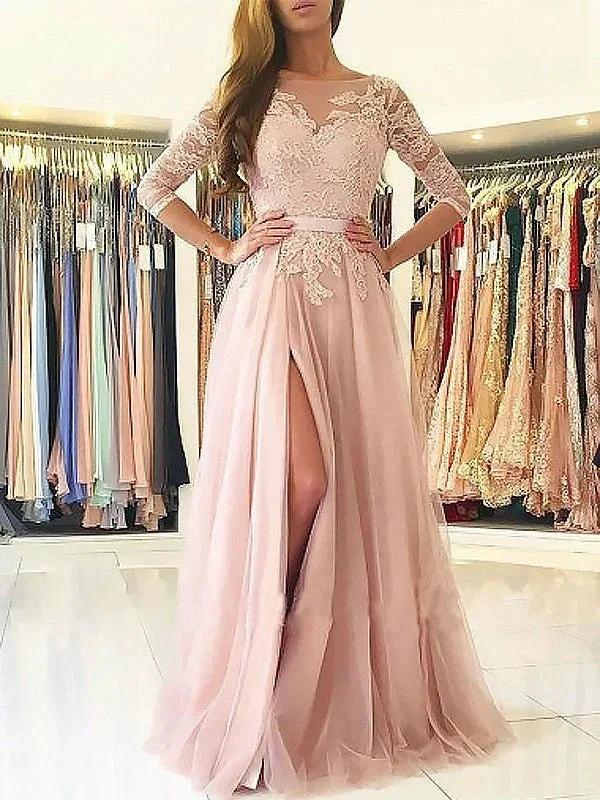 A-Line/Elegant Bateau 3/4 Sleeves Applique Tulle Prom Dresses by misshow.com