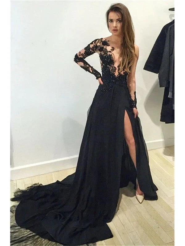 A-Line/Elegant Bateau Long Sleeves Lace Chiffon Court Train Prom Dresses by misshow.com