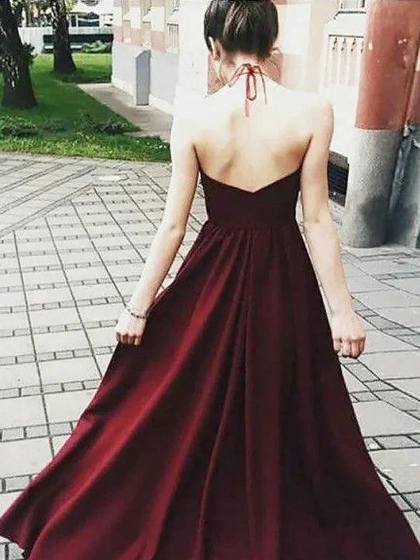 A-Line/Elegant Halter Sleeveless Floor-Length Applique Elastic Woven Satin Prom Dresses by misshow.com