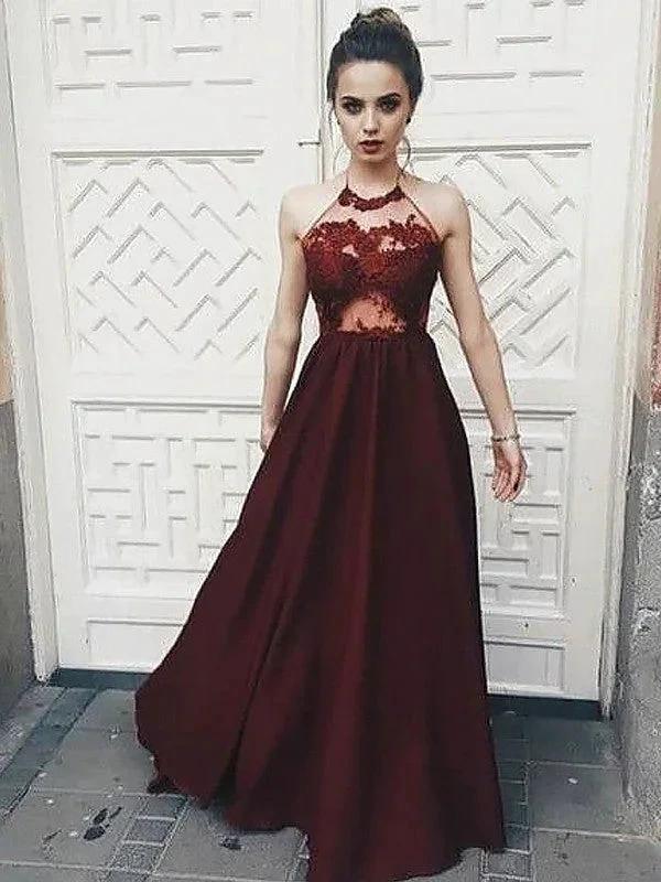 A-Line/Elegant Halter Sleeveless Floor-Length Applique Elastic Woven Satin Prom Dresses by misshow.com