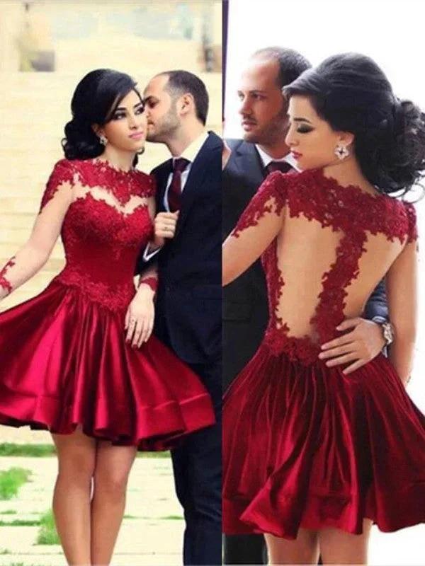 A-Line Elegant High Neck Long Sleeves Satin Short Mini Prom Dresses by misshow.com