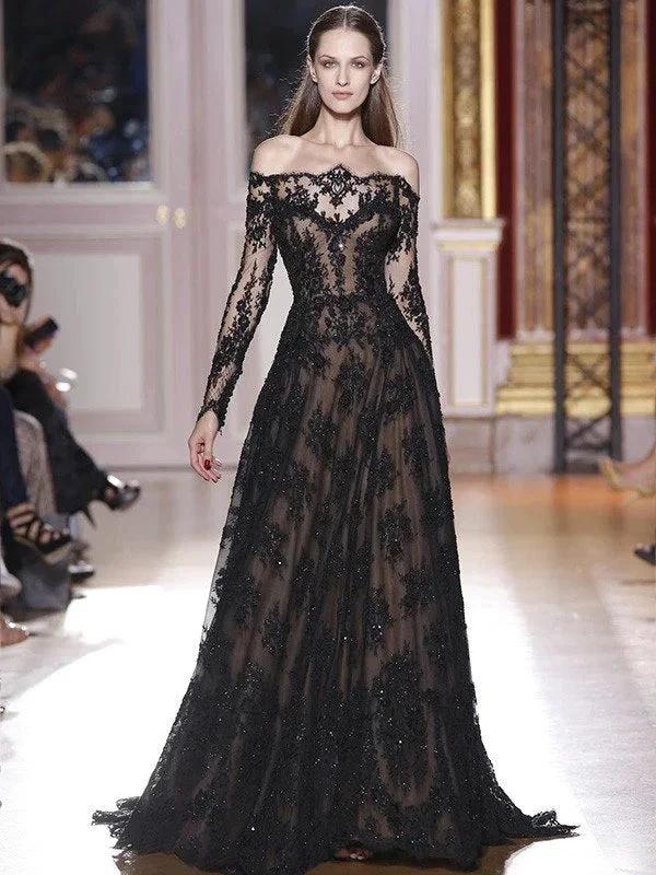 A-Line/Elegant Off-the-Shoulder Long Sleeves Lace Prom Dresses by misshow.com