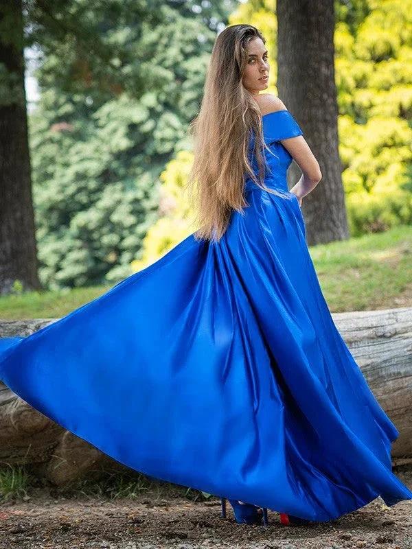 A-Line/Elegant Ruffles Satin Off-the-Shoulder Sleeveless Floor-Length Prom Dresses by misshow.com