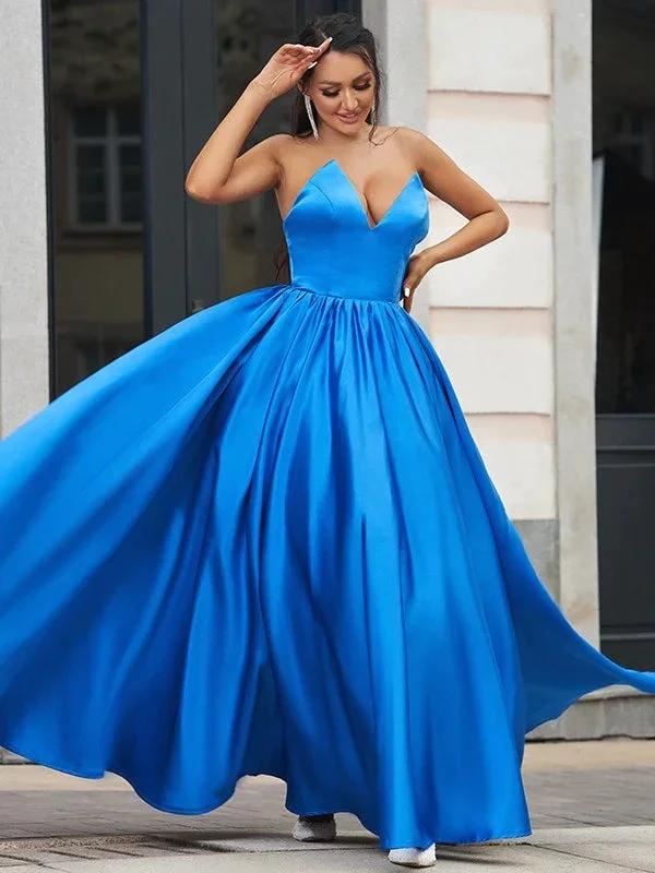 A-Line/Elegant Satin Ruffles Sweetheart Sleeveless Floor-Length Prom Dresses by misshow.com