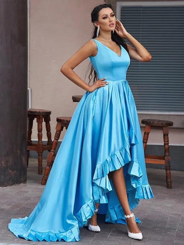 A-Line/Elegant Satin Ruffles V-neck Sleeveless Asymmetrical Prom Dresses by misshow.com