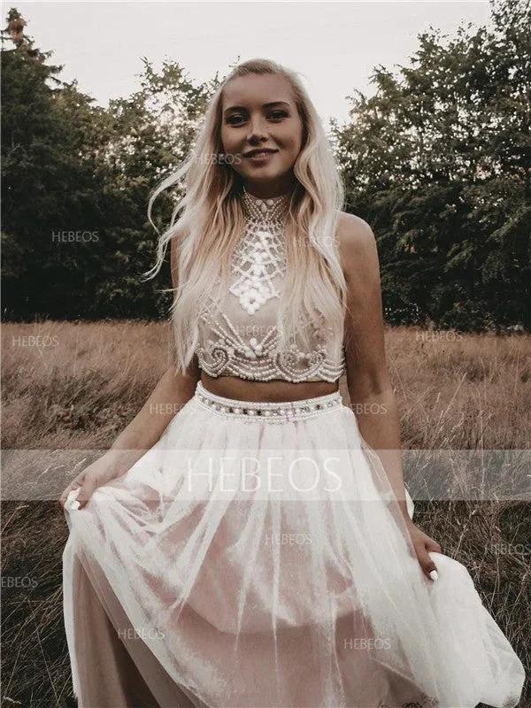 A-Line/Elegant Sleeveless High Neck Tulle Beading Floor-Length Prom Dresses by misshow.com