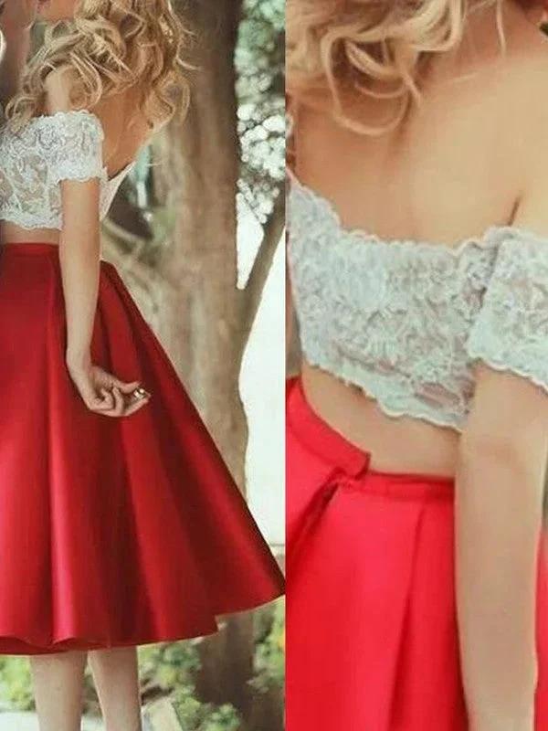 A-Line Elegant Sleeveless Off-the-Shoulder Satin Lace Knee Length Two Piece Prom Dresses by misshow.com